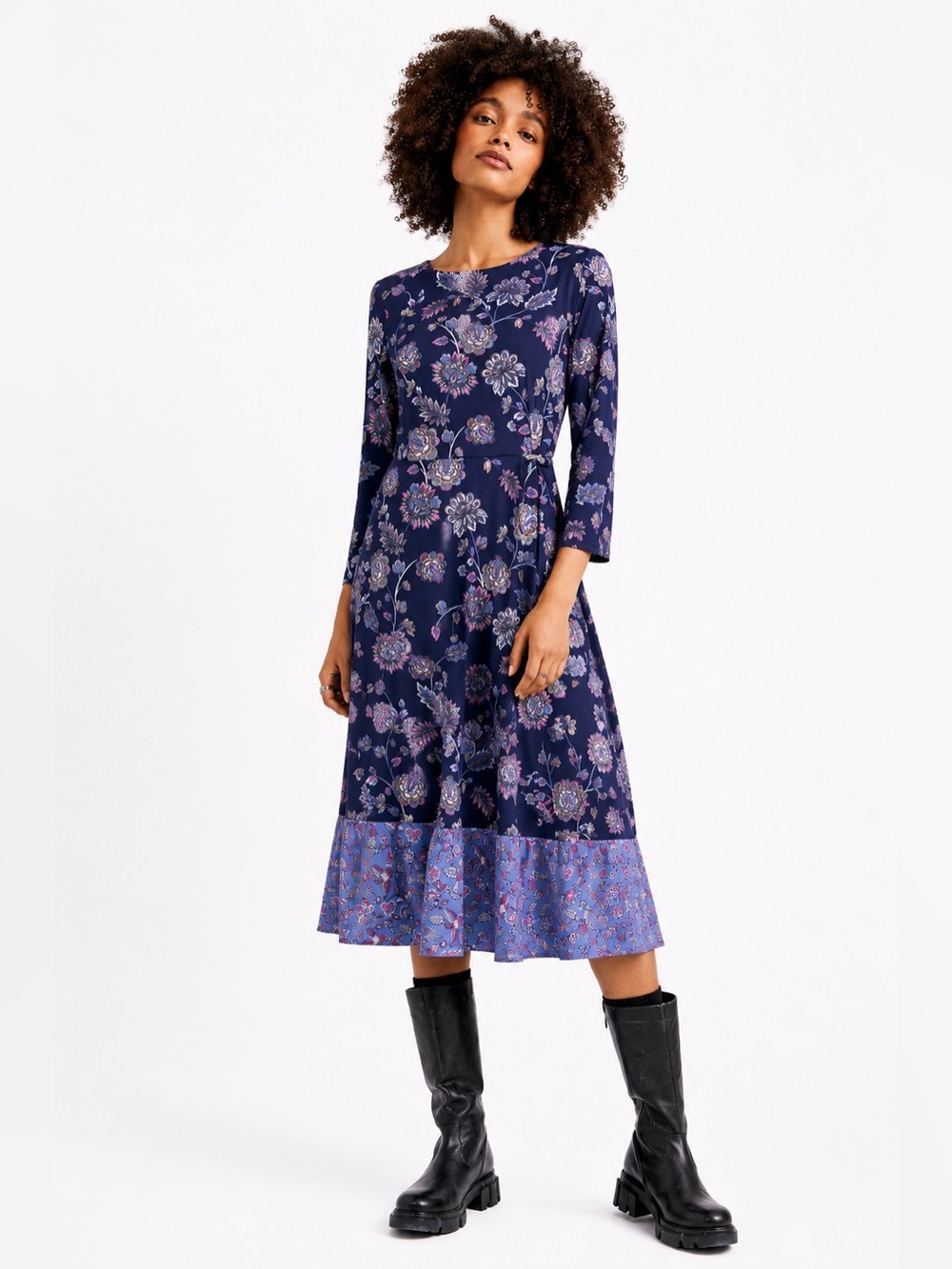 Talbots Petite Size 2 Navy Floral Fit & Flare Midi Dress 3/4 Sleeve